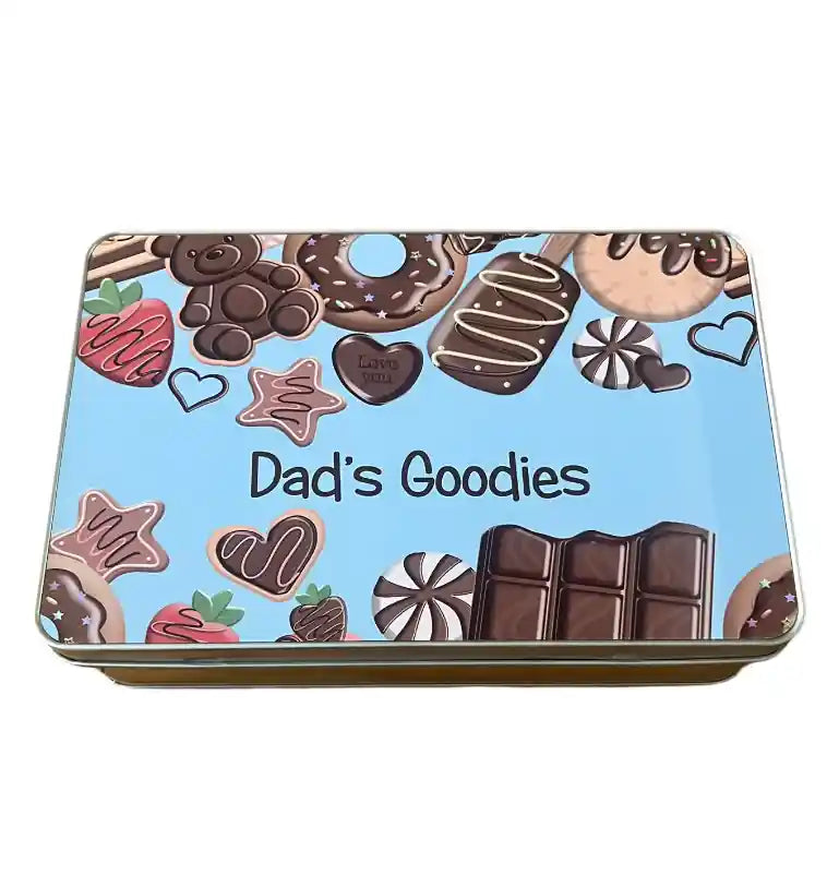 Tin box with 'Dad's Goodies' text and chocolate-themed design on a blue background