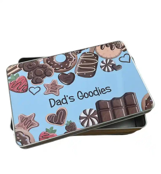 Tin box with 'Dad's Goodies' text and chocolate-themed design on a blue background