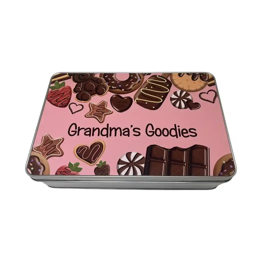 Chocolate tin with 'Grandma's Goodies' text and chocolate-themed design on a pink background
