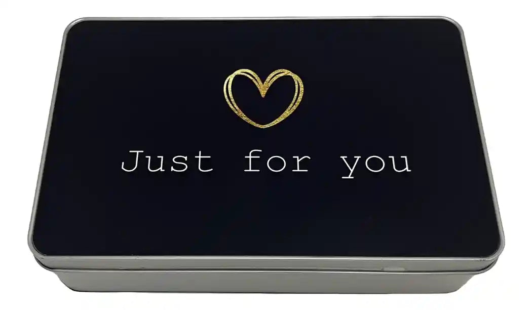Black Storage Tin Lid with gold heart and 'Just for you' text on a white background