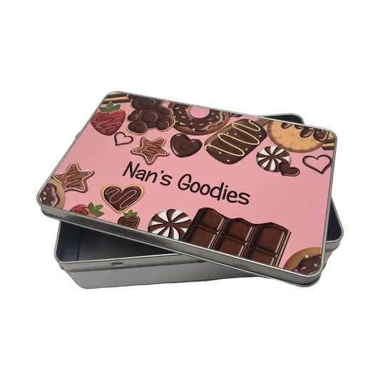'Nan's Goodies' text on a pink background on a storage tin