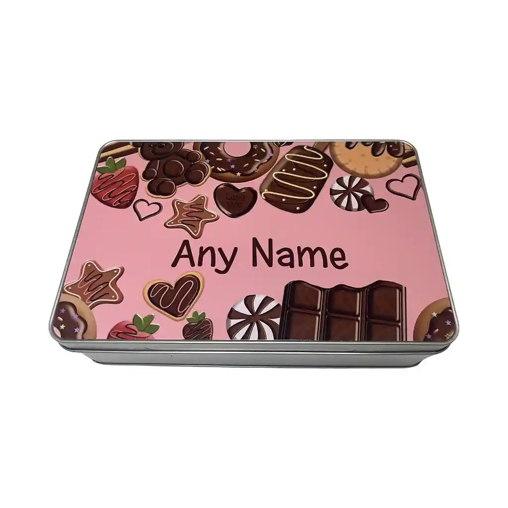 Chocolate tin with pink background and chocolate-themed design, personalised with 'Any Name'.