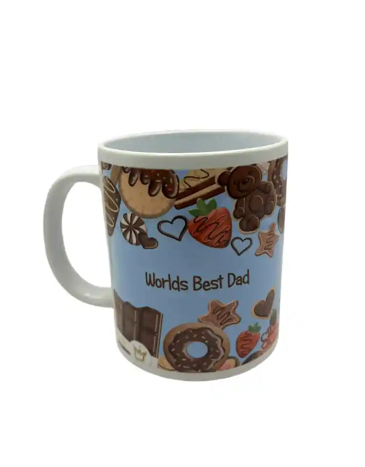 Mug with dessert-themed design and 'Worlds Best Dad' text on a blue background