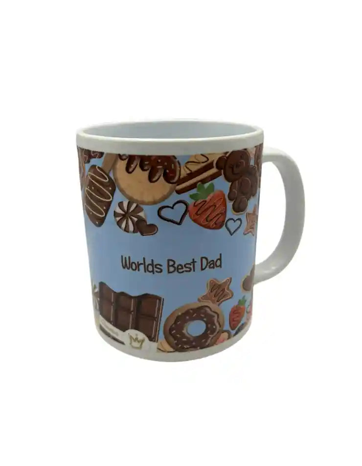 Mug with dessert illustrations and 'Worlds Best Dad' text on a light blue background