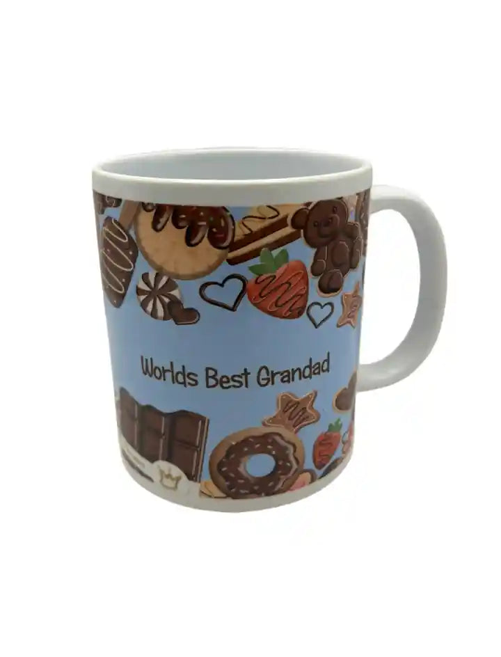 Mug with cookie design and 'Worlds Best Grandad' text on a blue background
