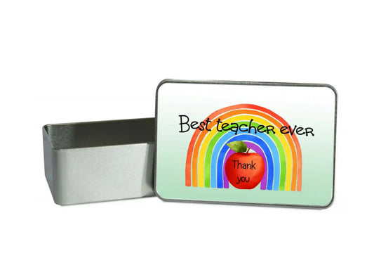 Tin box with a rainbow and apple design, text 'Best teacher ever Thank you' on a white background