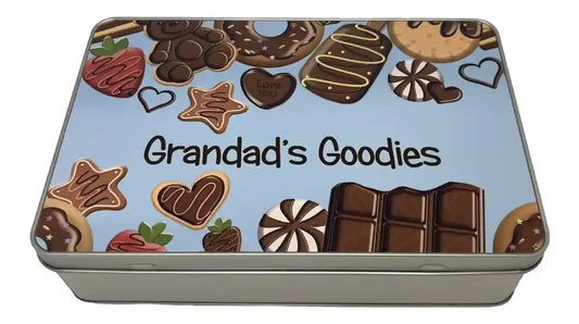 Tin gift box with 'Grandad's Goodies' text and chocolate design, lid closed