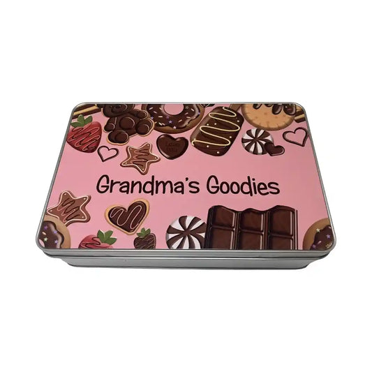 Chocolate tin with 'Grandma's Goodies' text and chocolate-themed design on a pink background