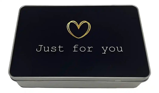 Black Storage Tin Lid with gold heart and 'Just for you' text on a white background