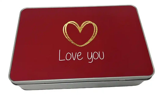 Red tin box with a gold heart and 'Love you' text on a white background
