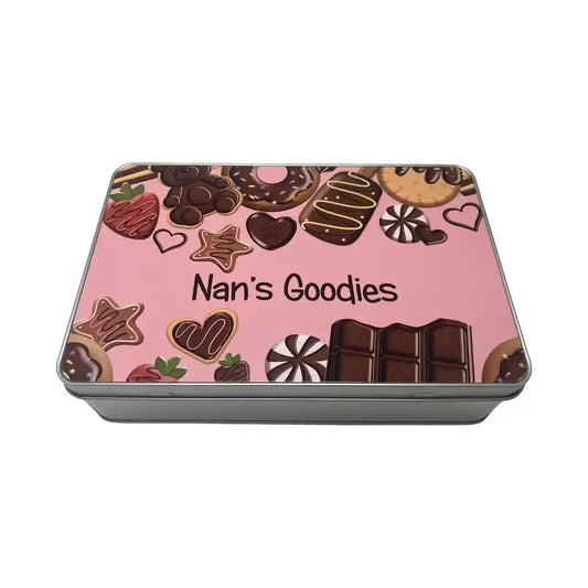 Tin box with 'Nan's Goodies' text and cookie design on a pink background
