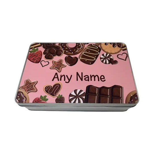 Chocolate tin with pink background and chocolate-themed design, personalised with 'Any Name'.