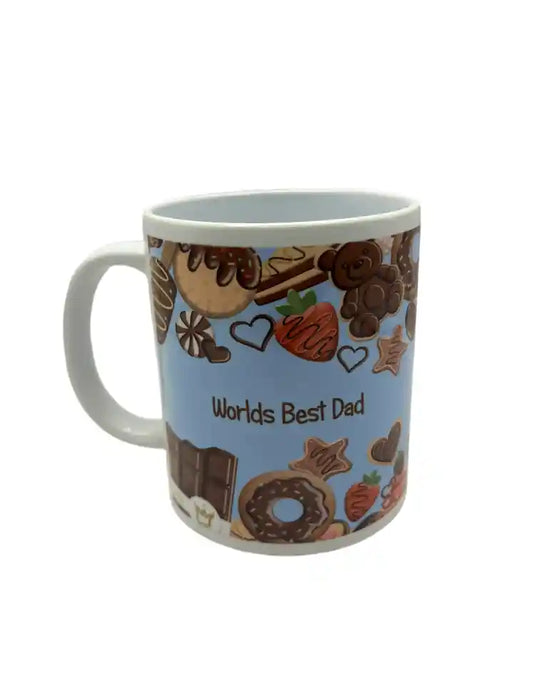 Mug with dessert-themed design and 'Worlds Best Dad' text on a blue background